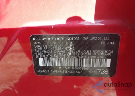 2014 Mitsubishi Mirage Es z USA, uszkodzony, nr VIN ML32A4HJ9EH018583